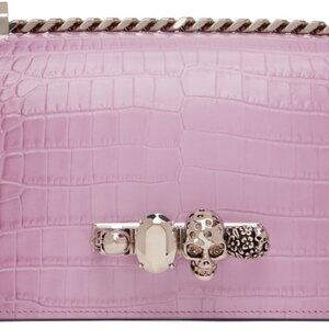 Alexander McQueen Jeweled Four Ring Croc-Embossed Leather Crossbody Bag Pink